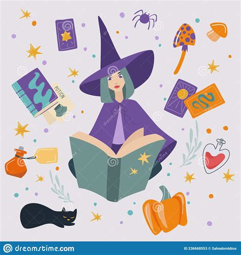 A Witch In A Hat Reads A Spell From A Magic Book She Is Surrounded By Magical Objects Tarot
