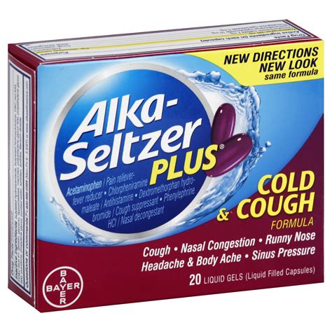 The affected products are intended to relieve cold and flu symptoms such as cough, congestion, fever, and/or mucus. Alka-Seltzer Plus Cold & Cough Formula, Liquid Gels, 20 ...