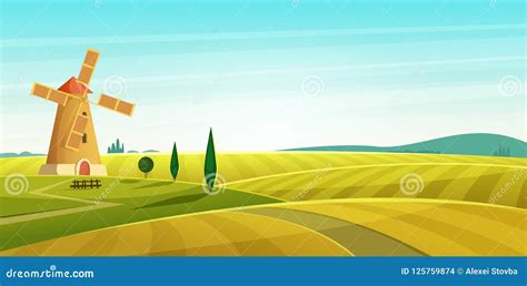Farm Landscape Windmill On Field Rural Countryside Cartoon Modern