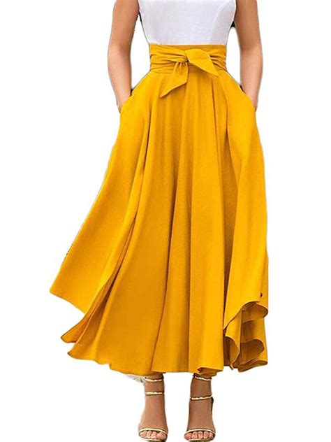 Vning Womens High Waist Flared Pleated Long Dress Gypsy Maxi Belted Skirt Full Length