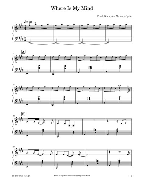 Where Is My Mind Sheet Music For Piano Solo Easy