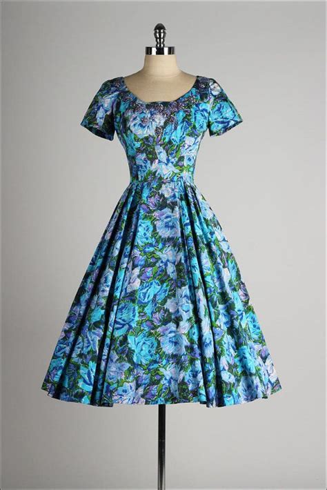 Vintage 1950s Dress Blue Floral Cotton By Millstreetvintage Trendy