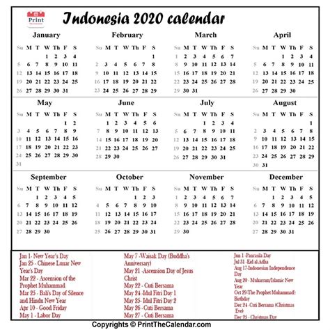 Indonesia Calendar 2020 With Indonesia Public Holidays