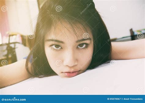 Cute Asian Girl Taking Selfie On Bed Stock Image Image Of Cute Fashion 85070067