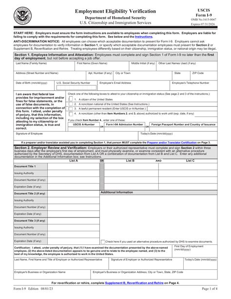 Free I 9 Form Employment Eligibility Verification Pdf Eforms