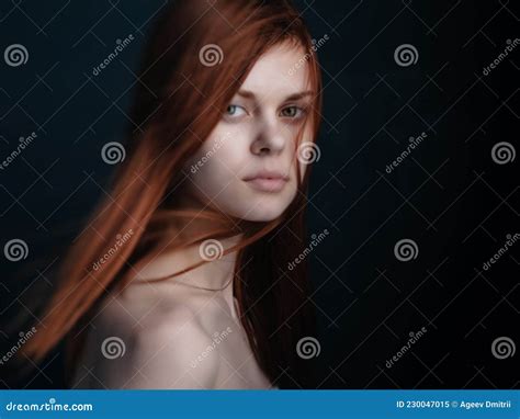 Red Haired Woman Naked Shoulders Clear Skin Dark Background Stock Image