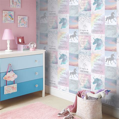 Unicorns Horses Wallpaper Kids Girls Bedroom Lilac Pink White Purple
