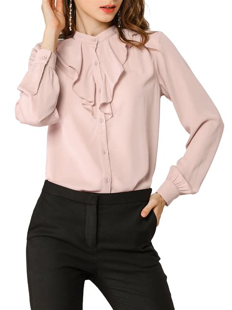 Allegra K Allegra K Women S Chiffon Office Work Stand Collar Button Up Long Sleeve Shirts