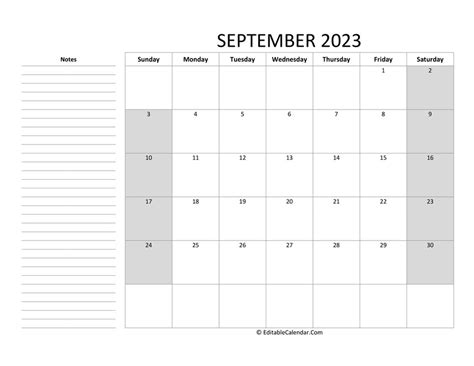 Download Editable September 2023 Calendar With Notes Word Version