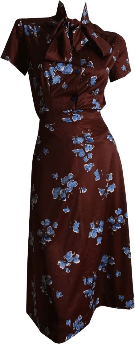 vintage 70 s blue and brown floral dress set pussy bow shop thrilling
