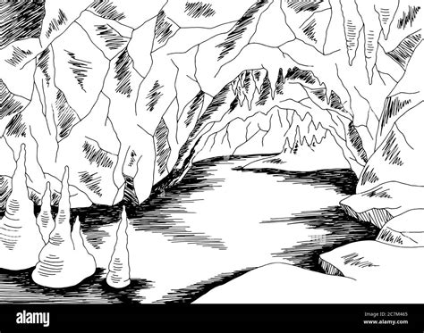 Cave Lake Graphic Black White Sketch Illustration Vector Stock Vector