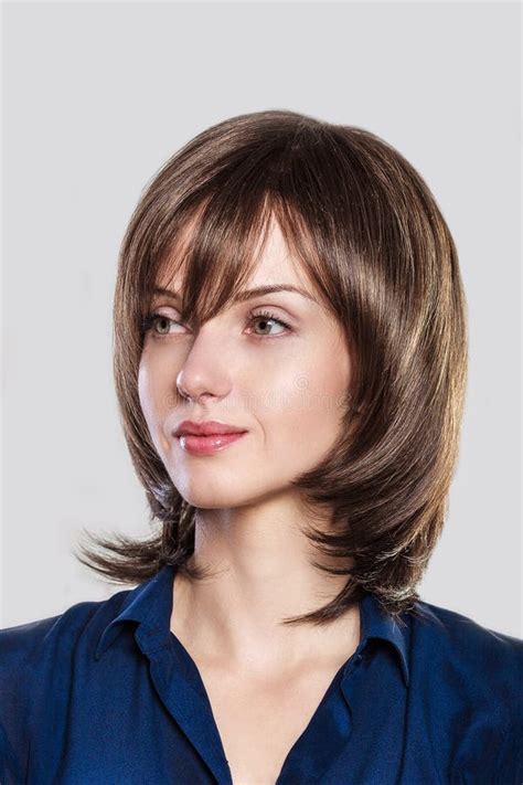 Beautiful Young Woman With Short Brown Hair Stock Photo Image Of Face