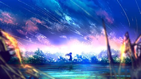 Wallpaper Anime Girl Falling Stars Scenic Colorful Landscape