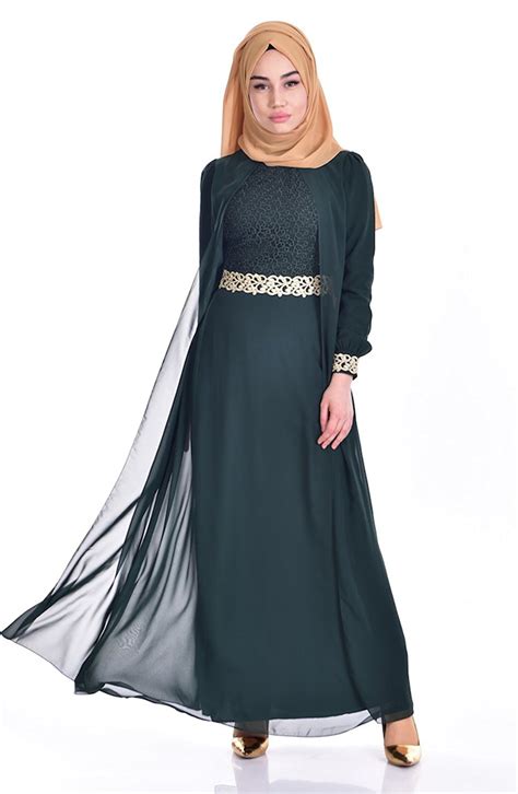 Sefamerve Womens Guipure Detailed Chiffon Islamic Clothing Evening Dress Wholehalal