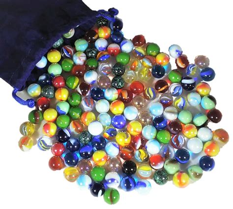 Mega Fun Set Of 150 Glass Peewee Marbles In Blue Velveteen Bag
