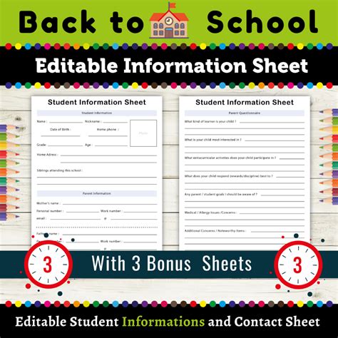 Editable Student Information And Contact Sheet Back To School