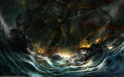 Rain Waves Storm Ships Pirates Battles Artwork Wallpaper 2560x1600