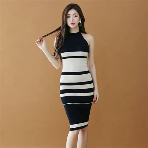 Summer Thin Striped Halter Knitted Dresses Hit Color Bodycon Mid Length Women Knitting Dress