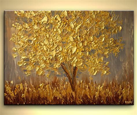 Original Large Contemporary Textured Gold Blooming Tree Etsy Modern