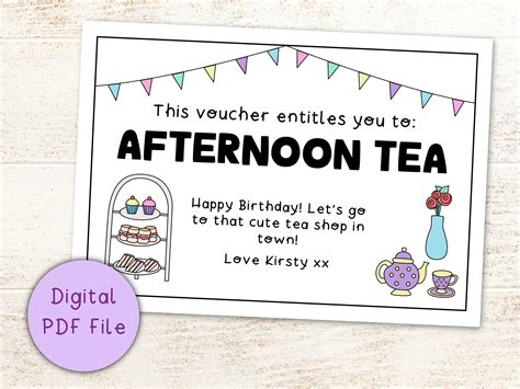 Afternoon Tea Gift Voucher Coupon Printable Digital Download PDF Last Minute Gift Friend