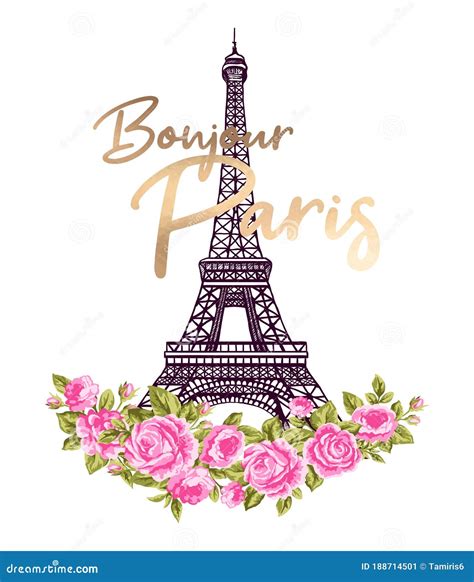 Bonjour Paris Illustration With Eiffel Tower Gold Lettering And Pink