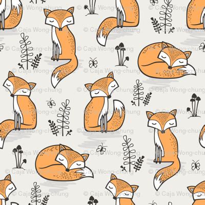 Dreamy Fox In Cloud Grey Fabric Caja Design Spoonflower