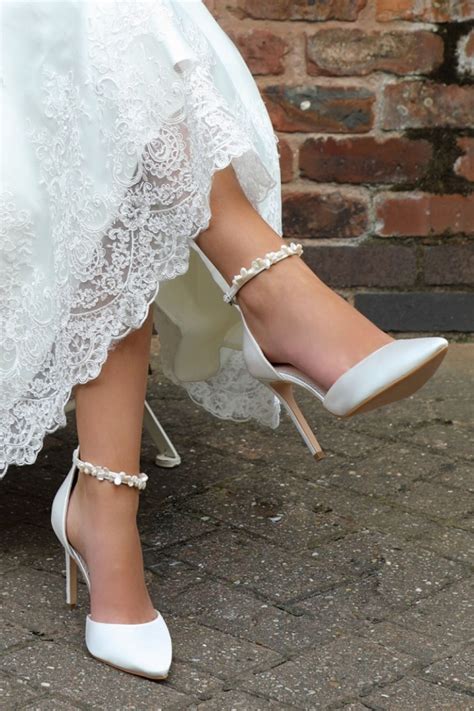 Perfect Bridal Ella Ivory Satin Keshi Pearl Ankle Strap Court Shoes