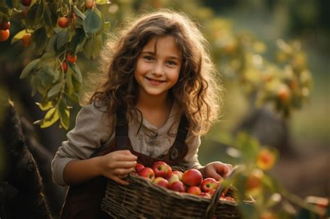 premium ai image cute girl pick up harvest of fruits in autumn farm