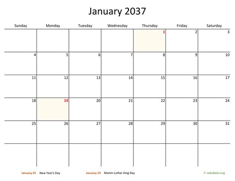 Monthly 2037 Calendar With Bigger Boxes