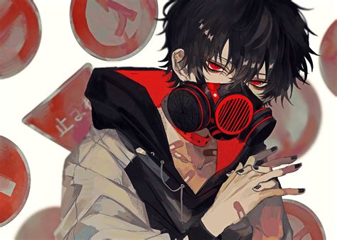 Download 2048x1464 Anime Boy Gas Mask Red Eyes Black Hair Hoodie Wallpapers Wallpapermaiden