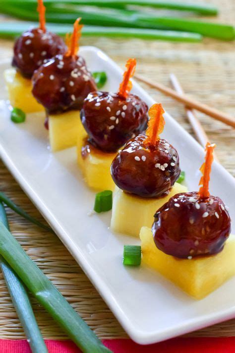 Luau Appetizer Teriyaki Meatballs Serve Skewered With Pineapple