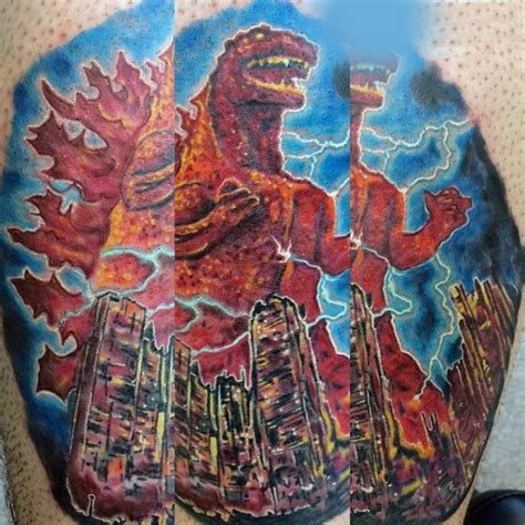 Godzilla Destroying Cities With Lightning Tattoo For Guys Leg Tattoos