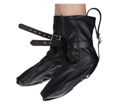 Black Leather Bondage Shoes Bdsm Slave Fetish Foot Zipped Boot Shoe Restraint Straps From