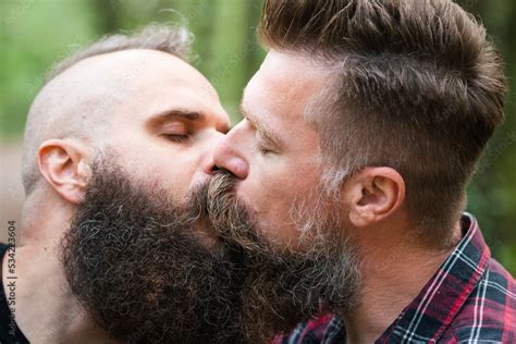 Long Beard Hipster Gay Couple Passionately Kissing Male Homosexual