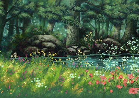 a painting of flowers and trees near a stream in the woods with rocks ...