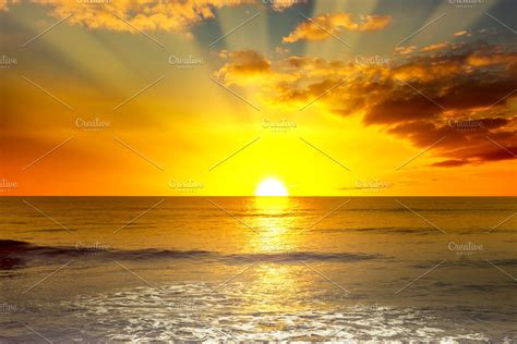Majestic Bright Sunrise Over Ocean A Stock Photo Containing Ocean And