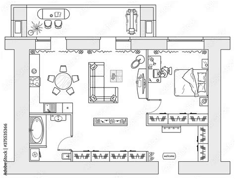 Architectural Plan Of Studio Apartment With Kitchen And Bedroom Small