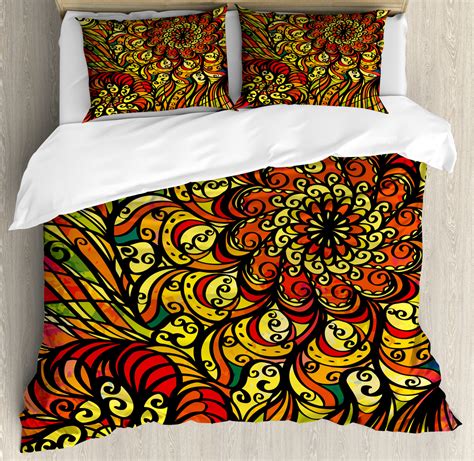 Colorful Duvet Cover Set With Pillow Shams Abstract Curly Floral Print