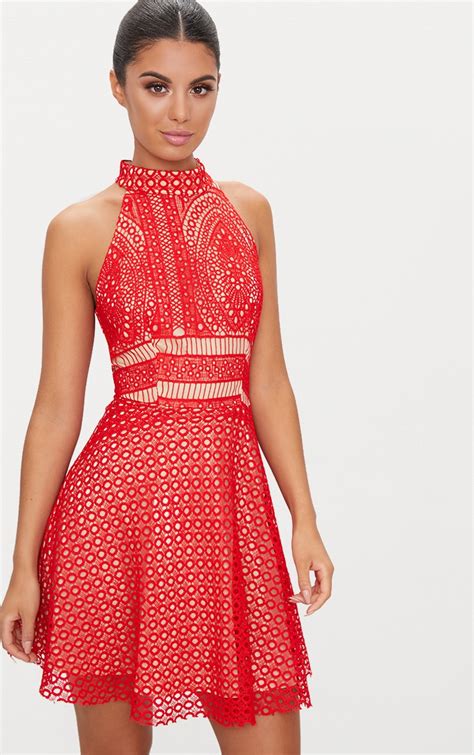 Red Lace High Neck Skater Dress Prettylittlething Aus