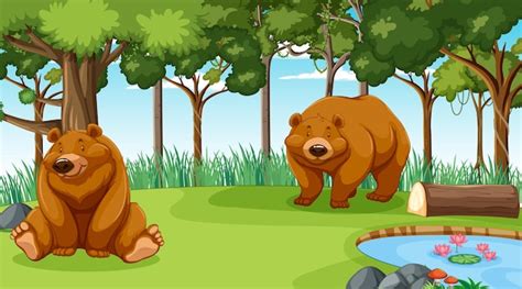 Free Vector Scene With Grizzly Bears In Garden
