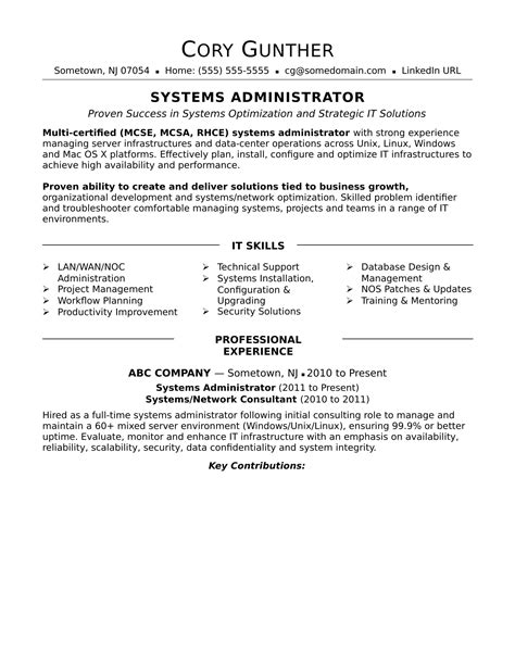 Sample Resume For An Experienced Systems Administrator