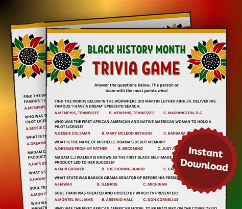 Black History Month Trivia Game Trivia Game Black History Black