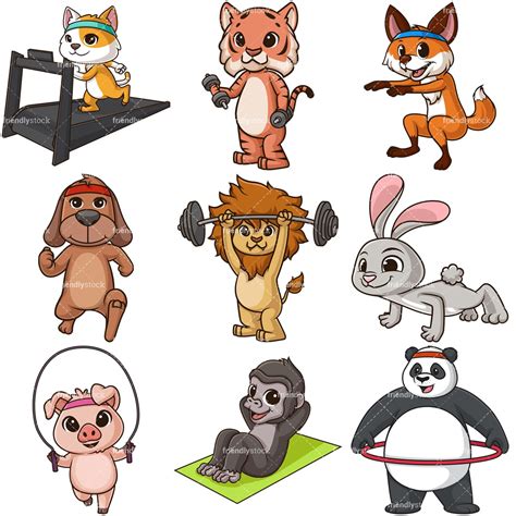 Cartoon Animals Working Out Clipart Vector Collection