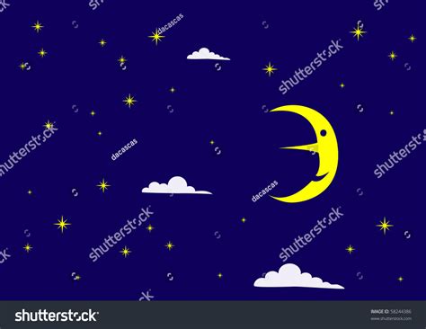 Night Sky With Cartoon Moon And Stars Stock Vector