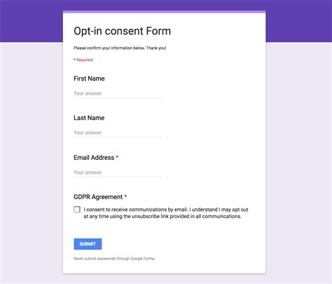 Create your form in google from create a single question in using form+ that has a file upload question. GDPR How to collect consent from your recipients ...