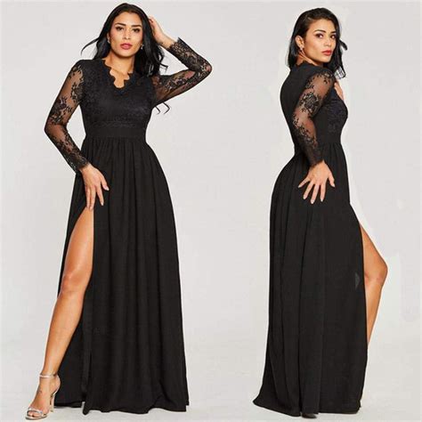 Free Shipping Black Lace Evening Dresses Long Sleeves V Neck High Split Formal Dress Sexy