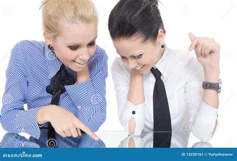 Two Woman Pointer Finger Mirror Stock Image Image Of Worker Beauty
