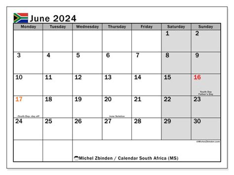 June 2024 Printable Calendar “south Africa Ms” Michel Zbinden Za