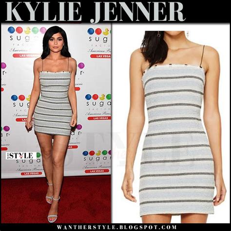 Kylie Jenner In Grey Striped Mini Dress And Silver Sandals In Las Vegas