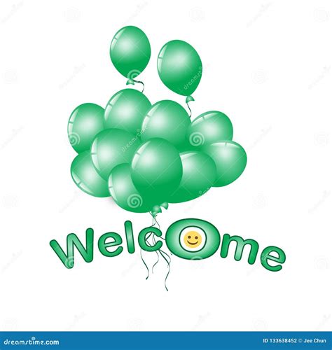 Welcome Word With Smiling Face Emoji And Set Of Green Balloon